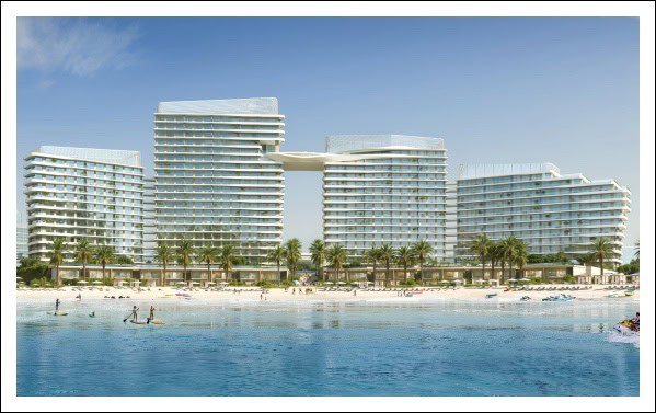 Scenic aerial view of Fairmont Residences Al Marjan Island surrounded by luxury beach resorts, branded residences, and crystal-clear waters in Ras Al Khaimah.