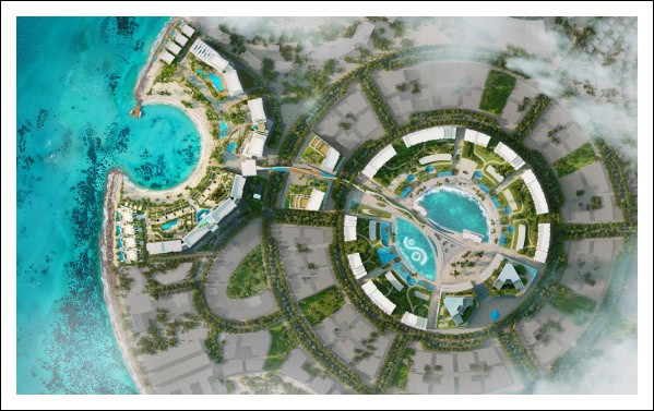 Panoramic view of Al Marjan Island featuring Fairmont Residences, luxury beachfront resorts, and branded residential apartments in Ras Al Khaimah.