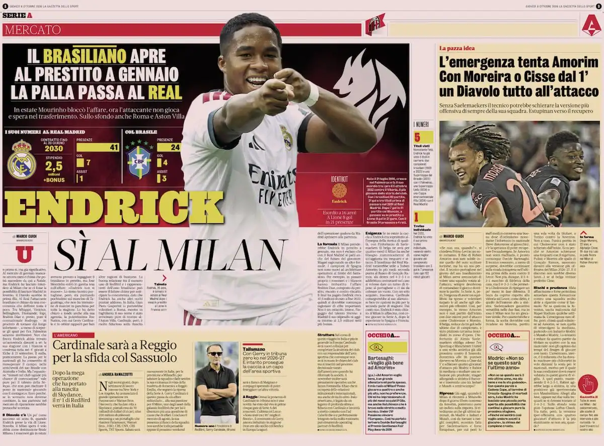 GdS: Milan could go all-out attack vs Sassuolo as emergency tempts Amorim