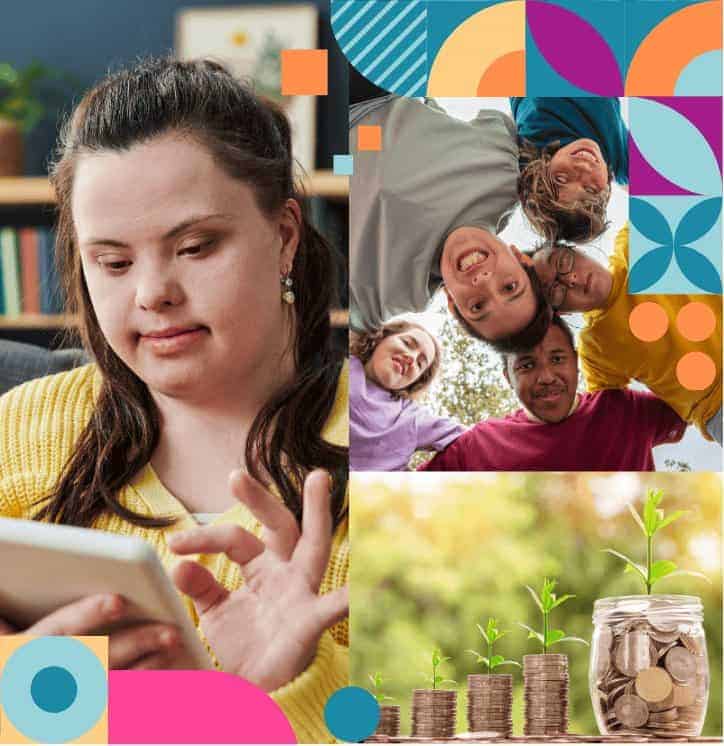A young woman using a tablet, a group of friends smiling together, and coins growing into savings — FS Academy programs in Melbourne