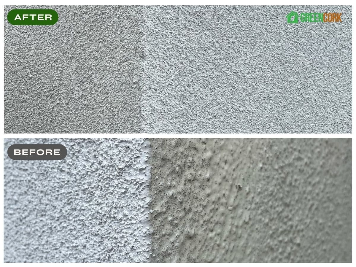 Before and After Paint vs Spraycork wall finish