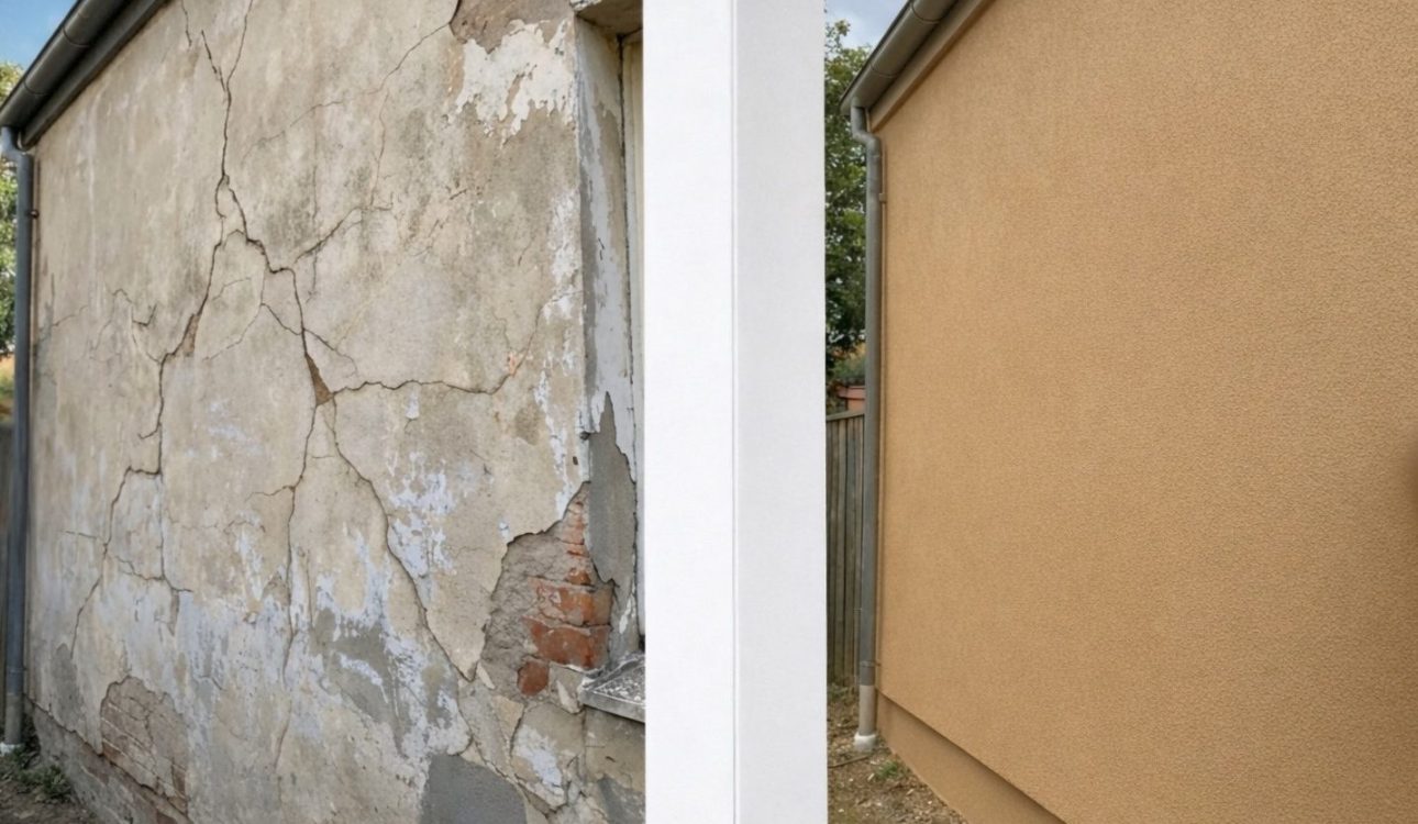 before and after spray cork application on a cracked render