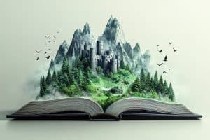 An open book with an island on it, the scene is in front of green mountains and forests. There is also a castle made of trees on that mountain, in the style of Chinese landscape paintings. white Background --ar 3:2 --v 6.1 Job ID: 66613561-e312-4e5b-8e19-a5c079b72264