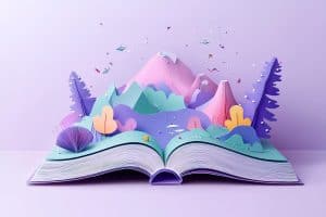 3D paper art of an open book with whimsical elements and a colorful scenery coming out, creating a dreamy atmosphere. The background is purple. In the style of an open book with fantastical elements and a vivid landscape emerging, crafting a surreal environment. The backdrop is purple. white Background --ar 3:2 --v 6.1 Job ID: eb00a442-cc1a-423c-b229-f20a8036e9ce