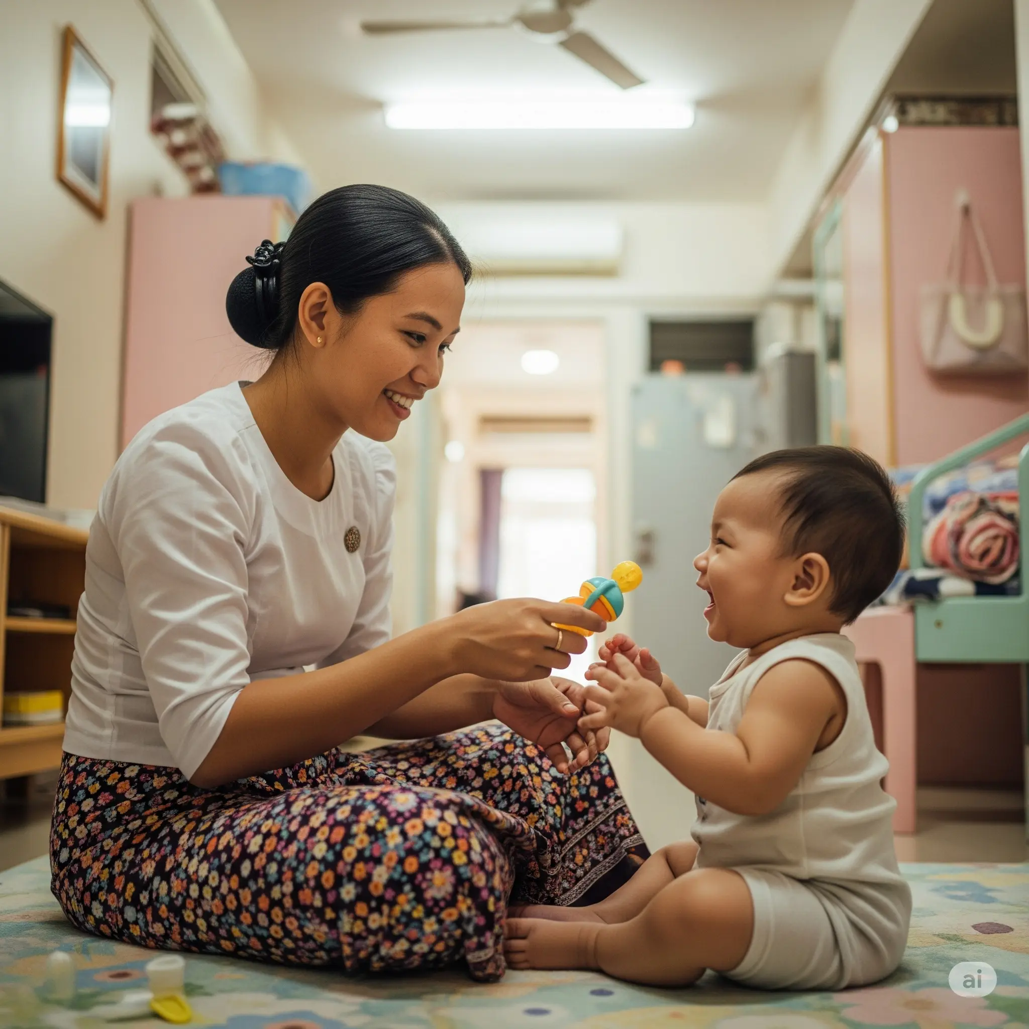 Myanmar maid assisting a toddler in a Singapore home