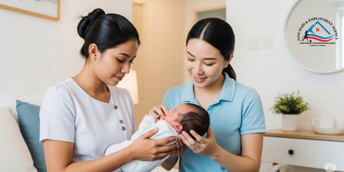 Myanmar helper in Singapore receiving infant care training from employer
