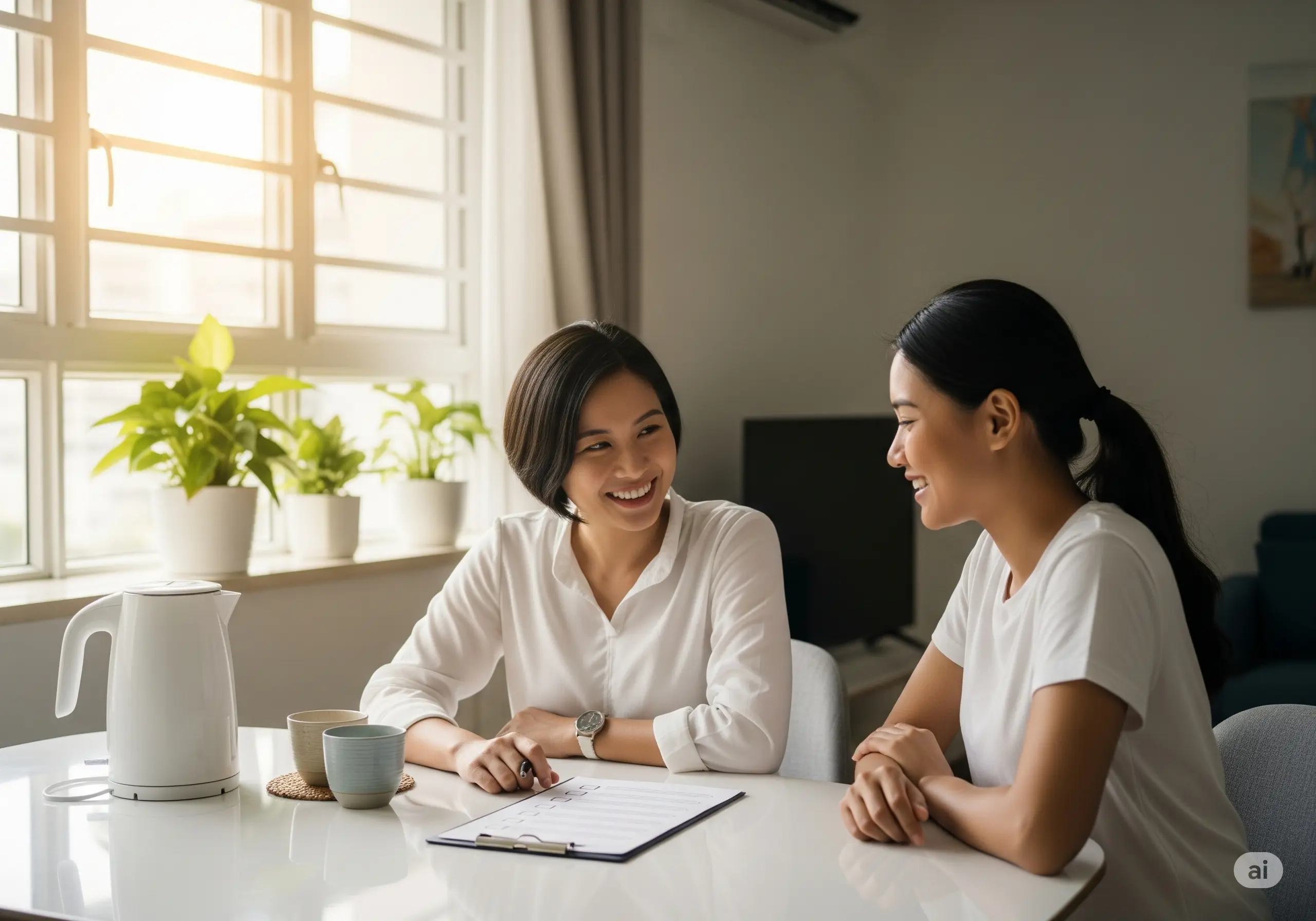 Employer and maid having a respectful discussion in a Singapore HDB living room