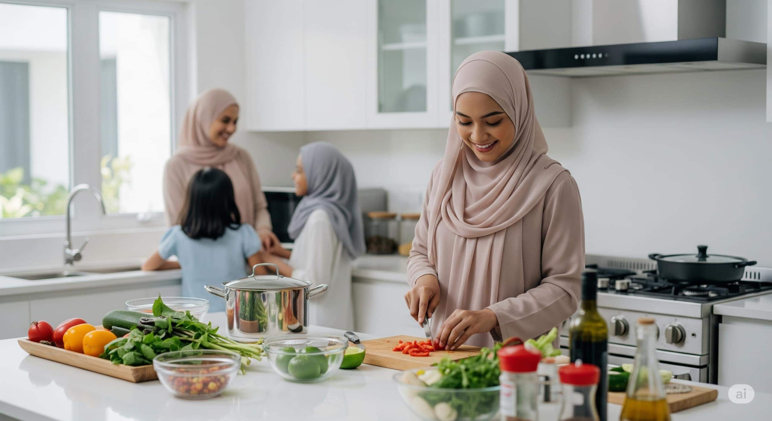 Muslim-friendly maid in Singapore preparing Halal food in a home kitchen
