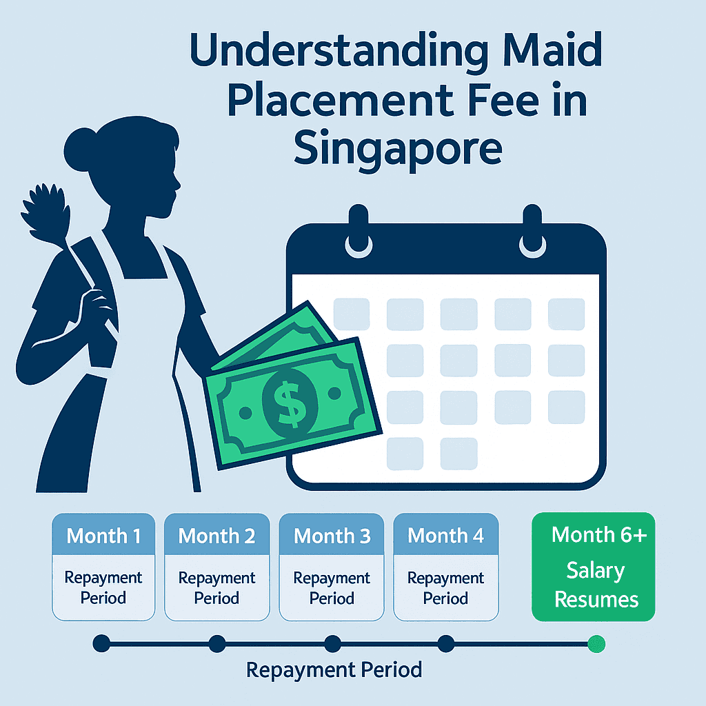 Understanding Maid Placement Fee in Singapore – infographic showing helper, calendar & 6-month repayment timeline