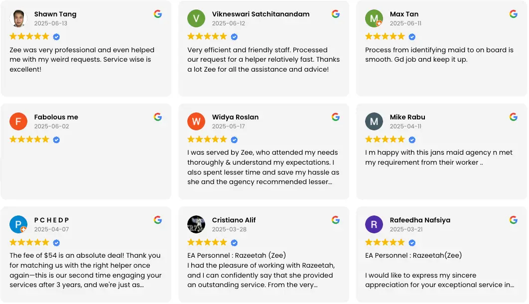 Verified Google reviews snapshot – satisfied Jans Maid Agency Singapore clients