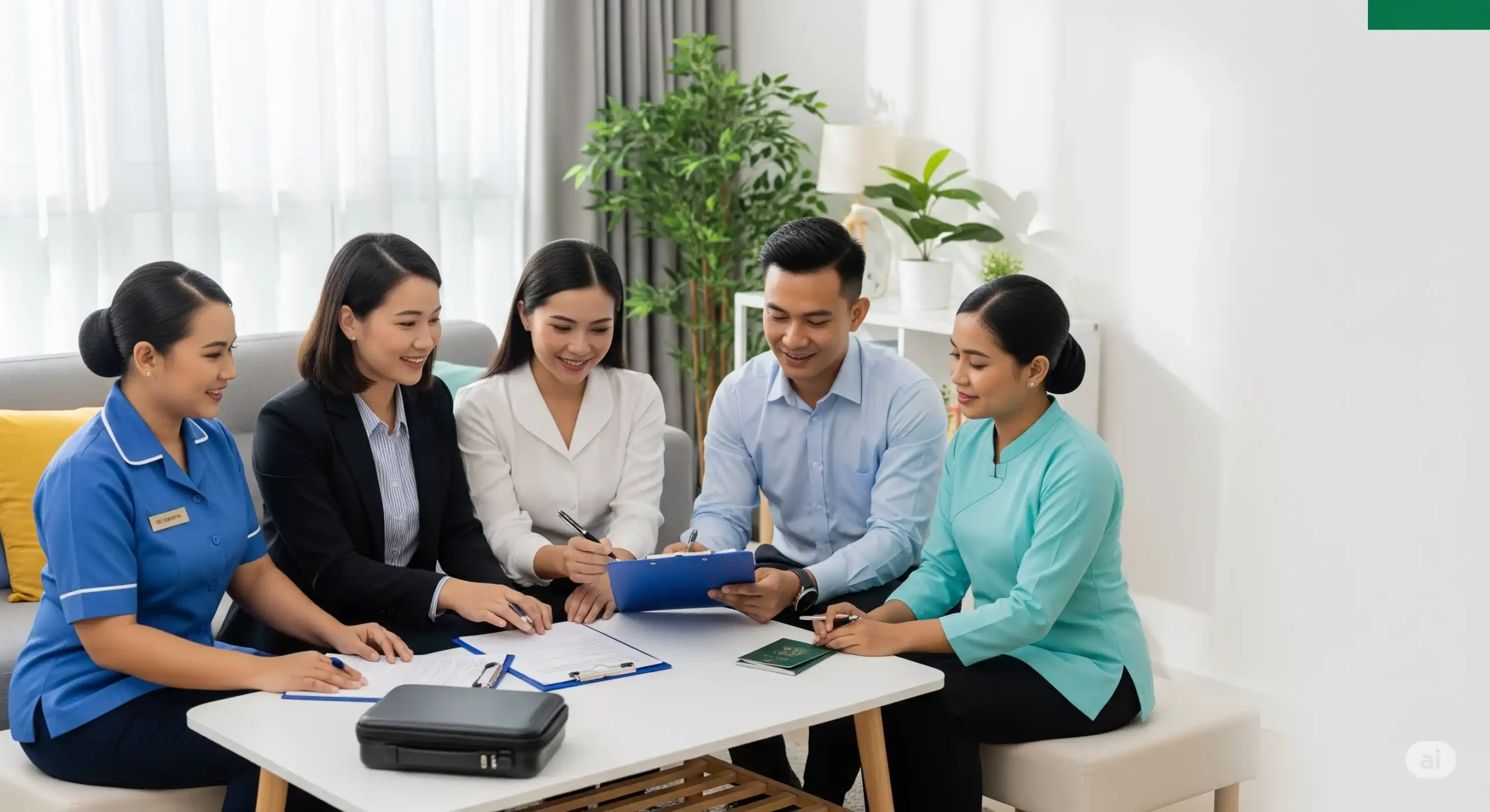 Maid agency Singapore services team assisting Indonesian and Myanmar helpers with MOM permits in a modern HDB setting