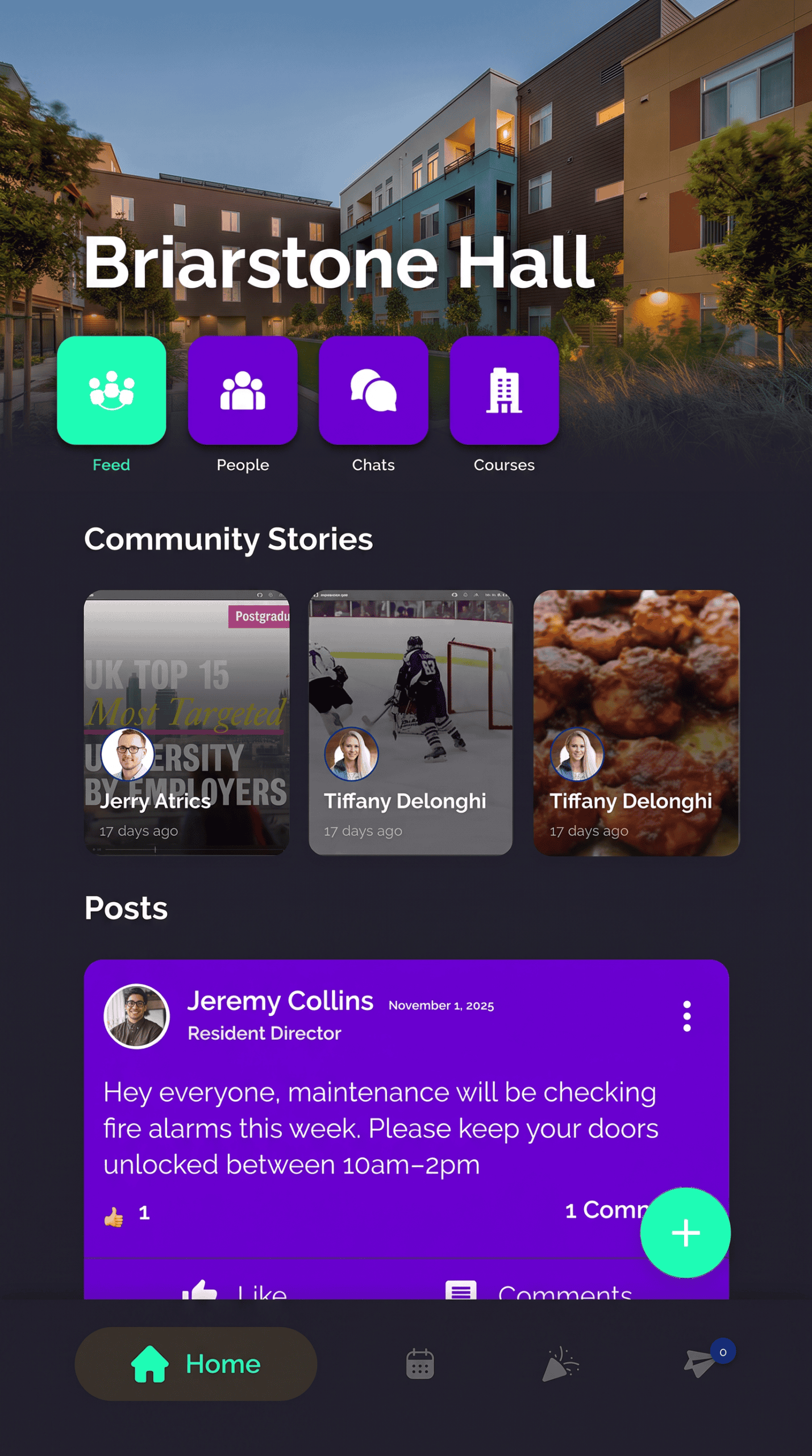 Residence hall community feed in the campus app