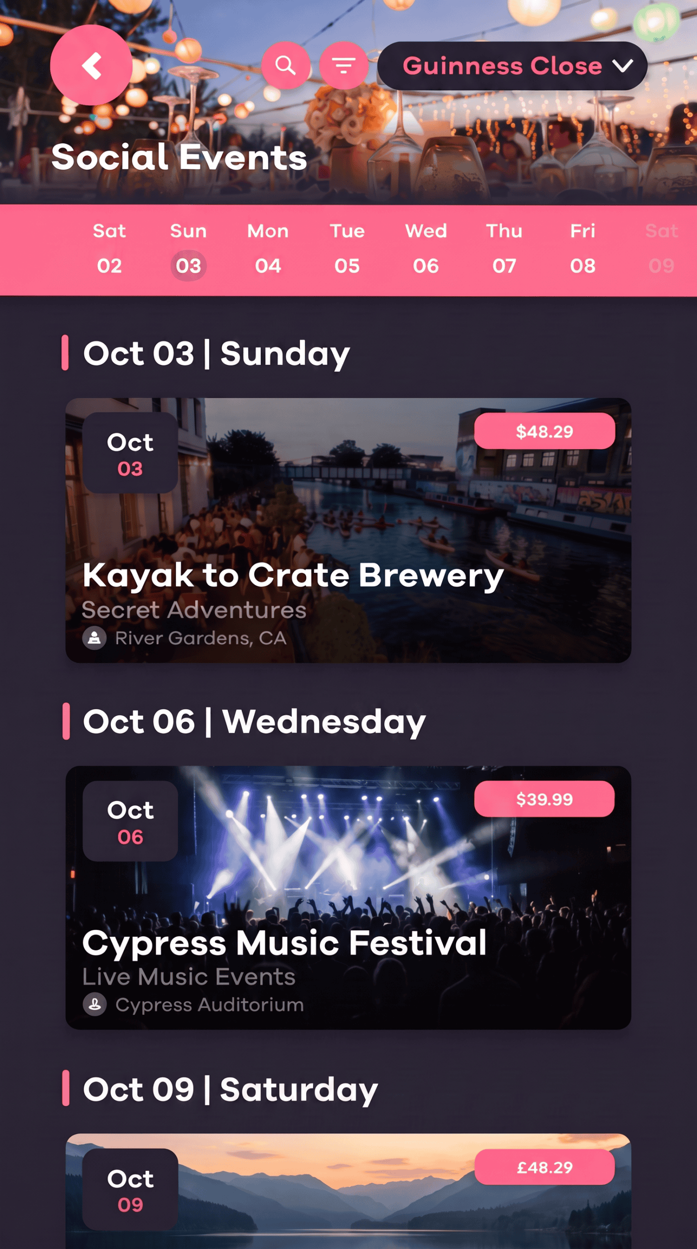 Social events list in the campus app