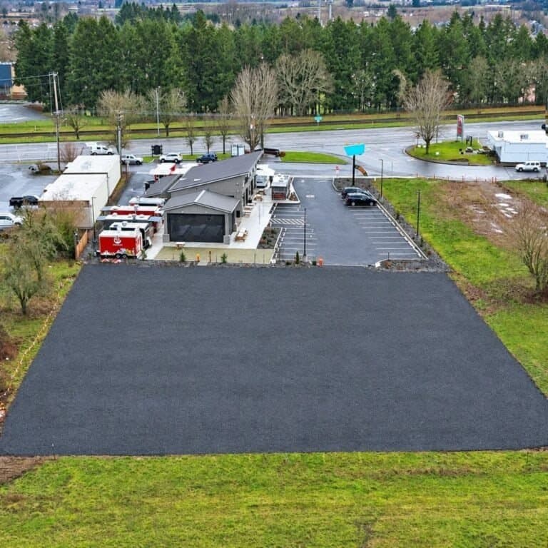 Aerial view of a repaired gravel parking lot at a lodge in Scappoose, Oregon