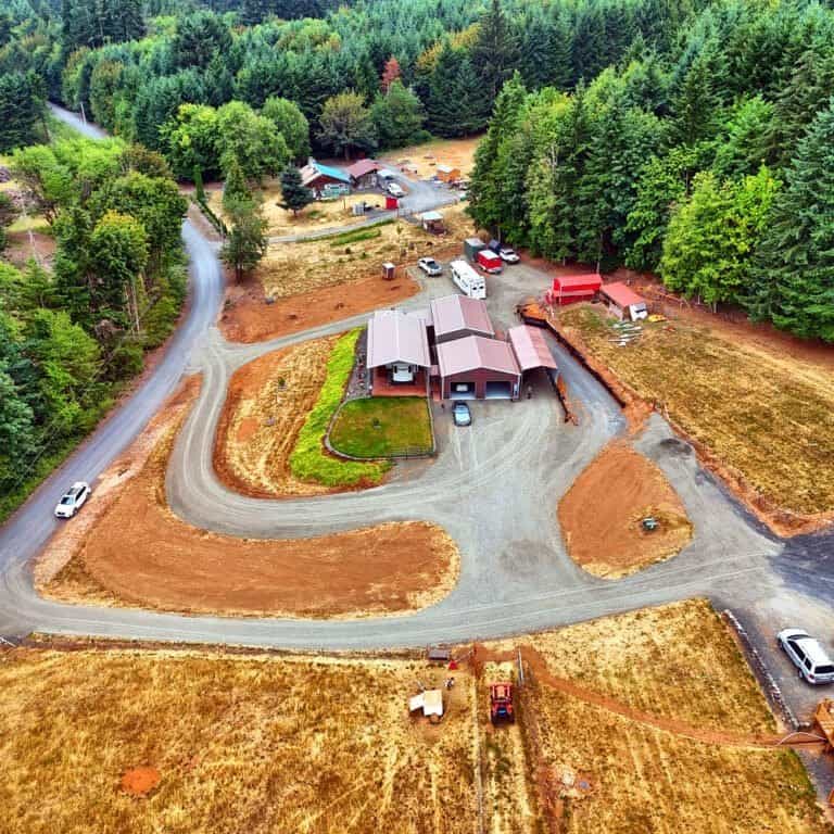 Aerial view of a winding gravel driveway installed to a home in St. Helens, Oregon