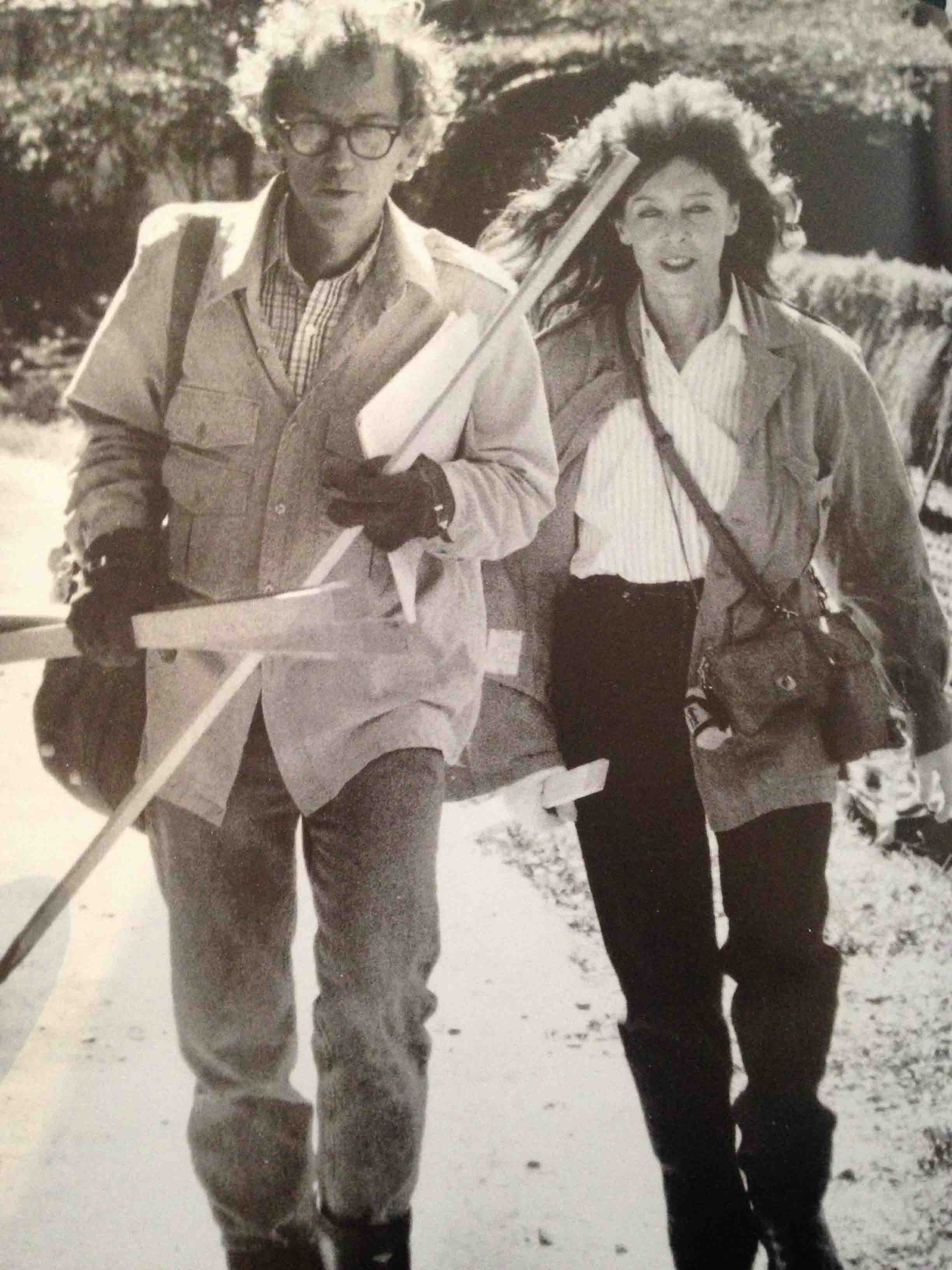 Christo and Jeanne-Claude working on The Umbrellas, Japan-USA in Ibaraki, Japan, 1988.