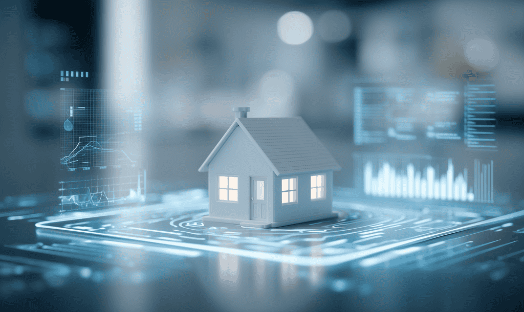 Uma casa modelo branca e iluminada repousa sobre uma superfície tecnológica brilhante, cercada por gráficos e dados holográficos azuis, simbolizando tecnologia imobiliária ou casa inteligente.