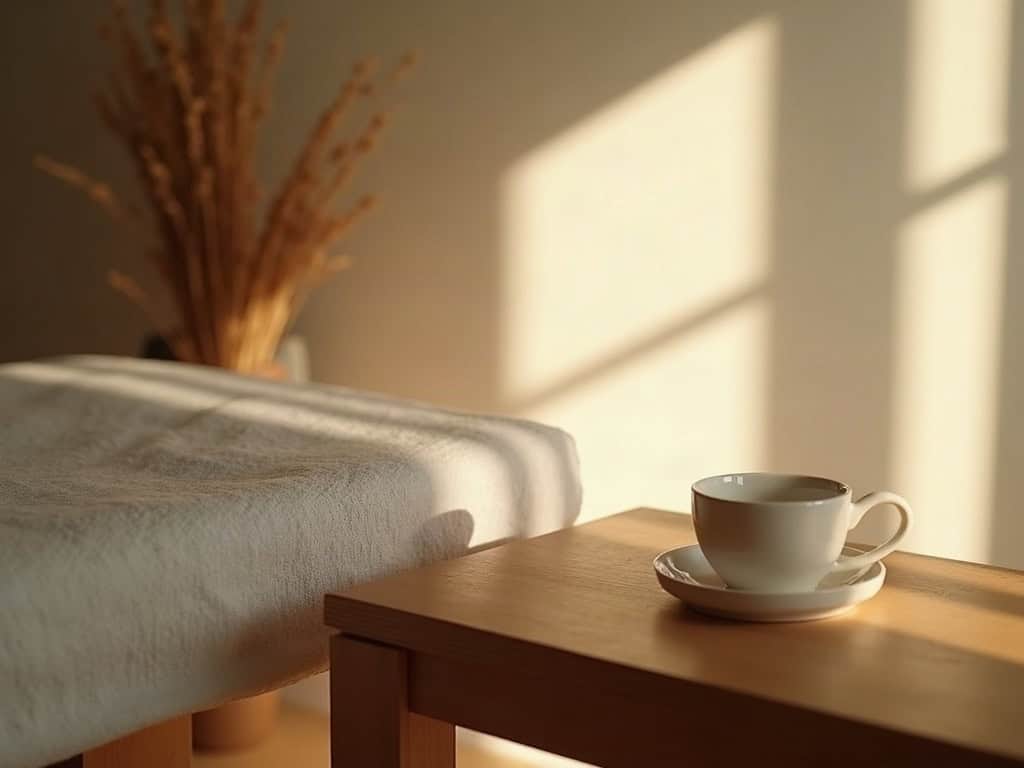 A calm, softly lit treatment room with a neatly made treatment table, folded linen, and a small side table, no people pr