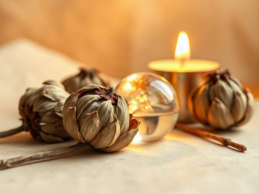 A small glass prism refracting warm light across dried lotus seed pods, low warm candlelight.
