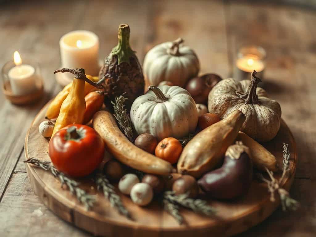 An assortment of seasonal produce arranged in a spiral on a wooden board, low warm candlelight.
