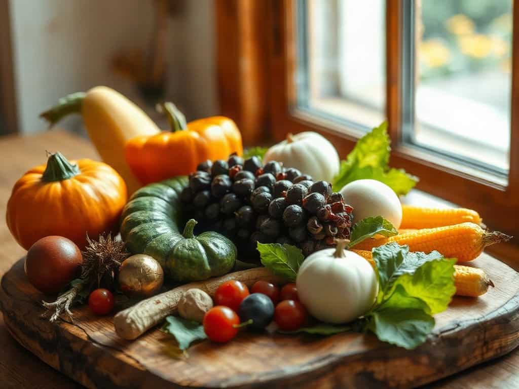 An assortment of seasonal produce arranged in a spiral on a wooden board, warm amber side window light.
