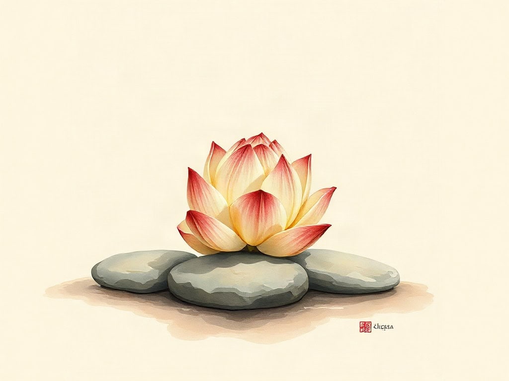 A single unopened lotus bud resting on smooth river stones, low warm candlelight.