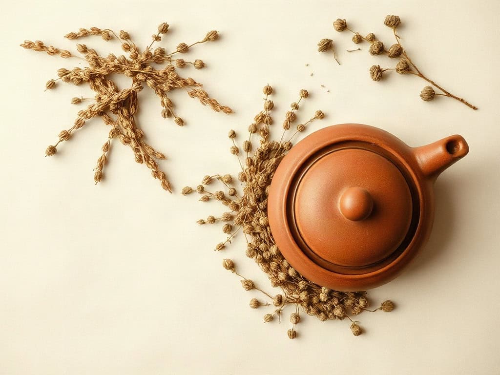 A nest of dried mugwort beside a warm clay teapot, soft north light.