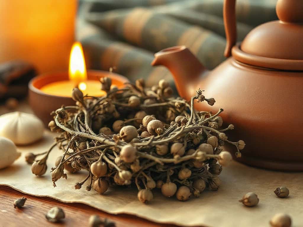 A nest of dried mugwort beside a warm clay teapot, low warm candlelight.