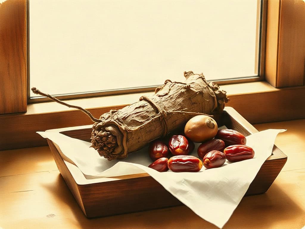 Dong quai root and red dates in a shallow wooden tray, warm amber side window light.