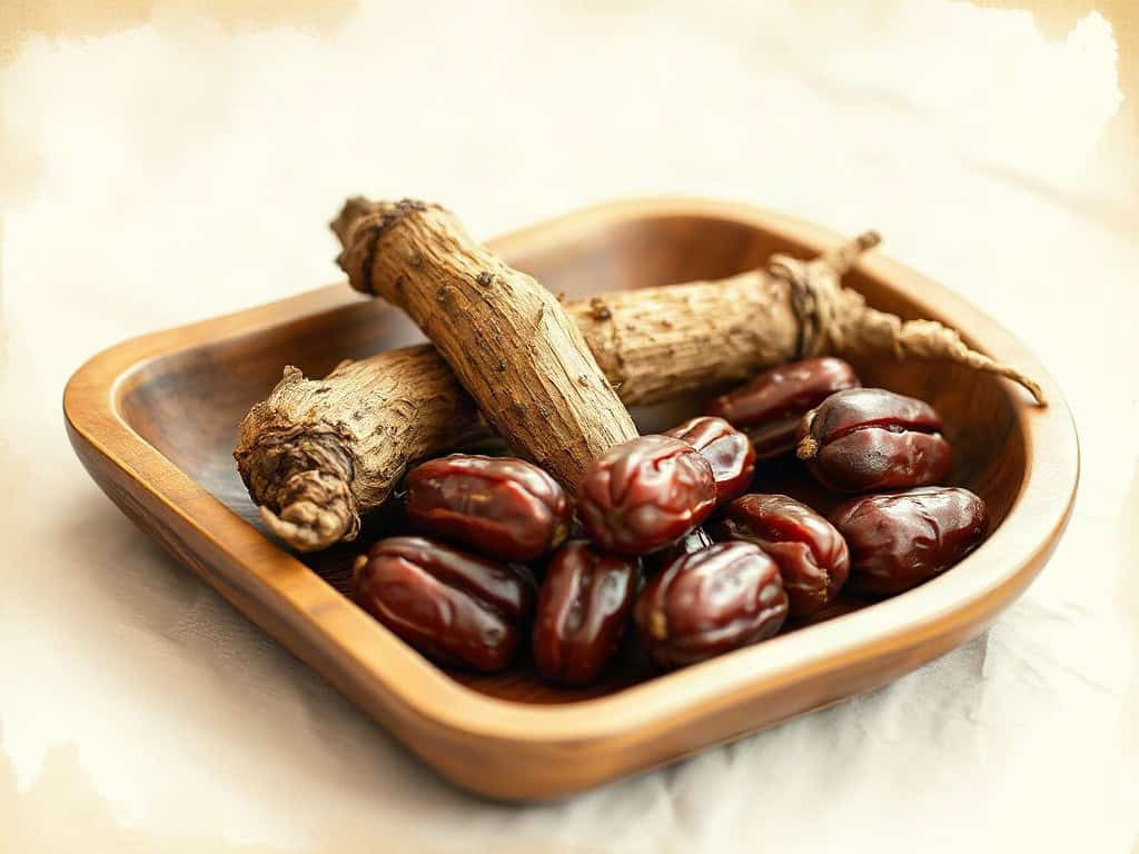 Dong quai root and red dates in a shallow wooden tray, soft north light.
