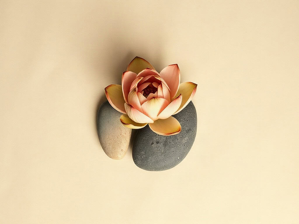 A single unopened lotus bud resting on smooth river stones, low warm candlelight.