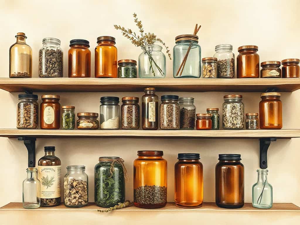 A warm apothecary shelf lined with amber glass jars of dried herbs, softly lit, soft north light.