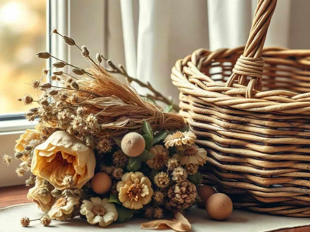 A stack of dried botanical specimens beside a woven basket, warm natural light, warm amber side window light.