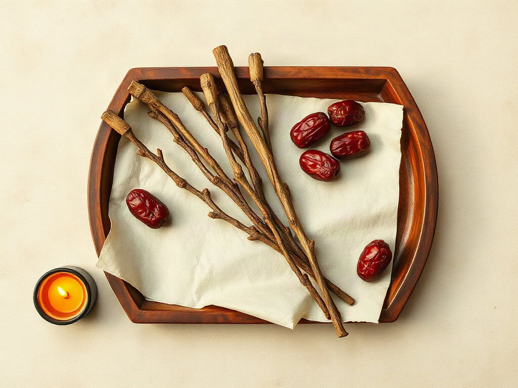 Dong quai root and red dates in a shallow wooden tray, low warm candlelight.