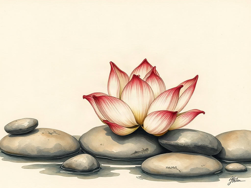 A single unopened lotus bud resting on smooth river stones, gentle overcast daylight.