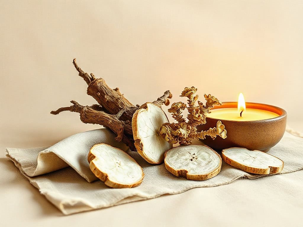 Dried peony root and angelica slices arranged on linen beside a ceramic bowl, low warm candlelight.
