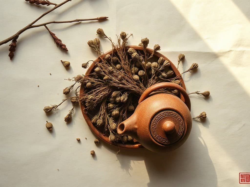 A nest of dried mugwort beside a warm clay teapot, soft north light.