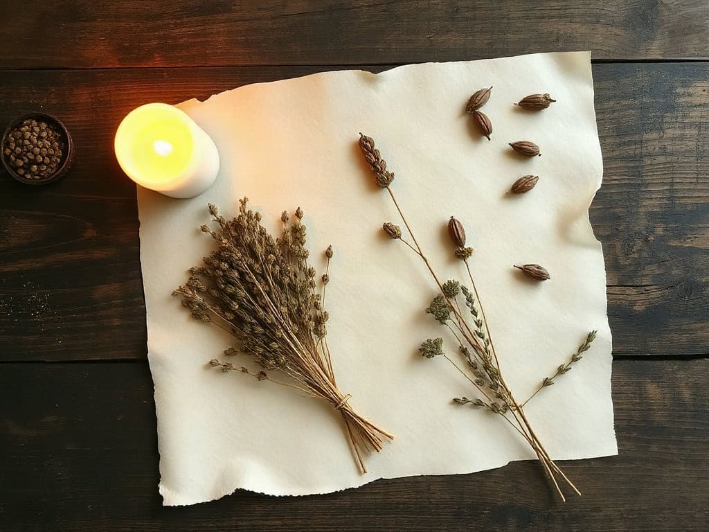 A single lit candle beside a bundle of dried herbs on dark wood, soft north light.
