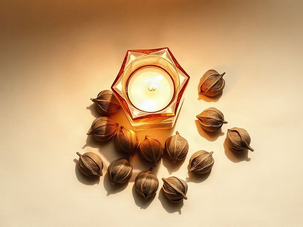 A small glass prism refracting warm light across dried lotus seed pods, low warm candlelight.
