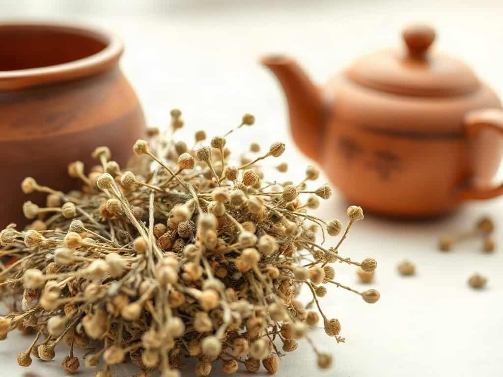 A nest of dried mugwort beside a warm clay teapot, gentle overcast daylight.