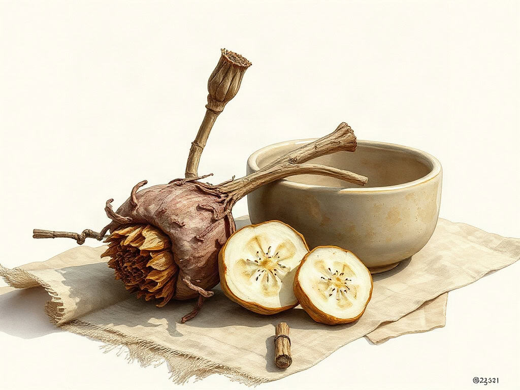 Dried peony root and angelica slices arranged on linen beside a ceramic bowl, gentle overcast daylight.