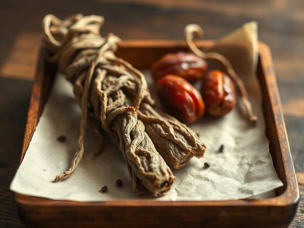 Dong quai root and red dates in a shallow wooden tray, soft north light.