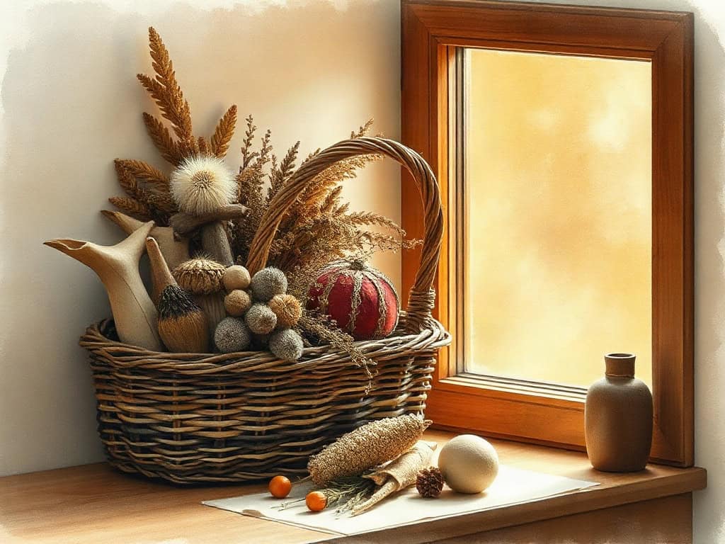 A stack of dried botanical specimens beside a woven basket, warm natural light, warm amber side window light.