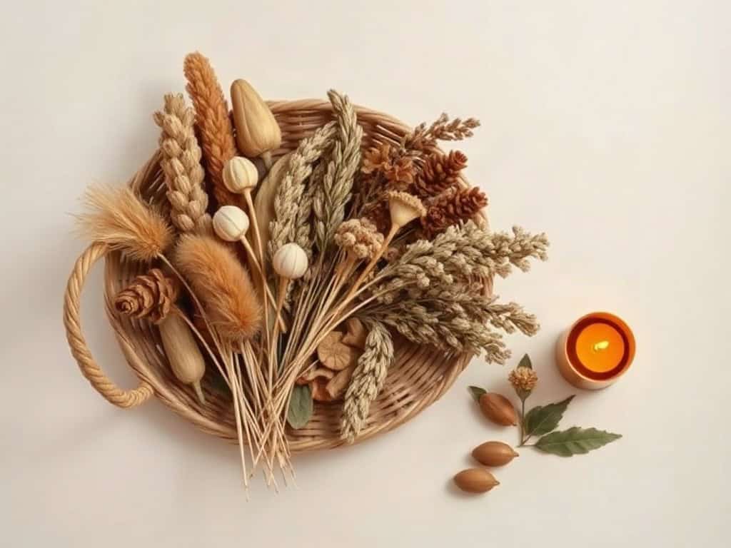 A stack of dried botanical specimens beside a woven basket, warm natural light, low warm candlelight.