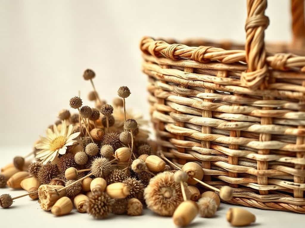 A stack of dried botanical specimens beside a woven basket, warm natural light, gentle overcast daylight.
