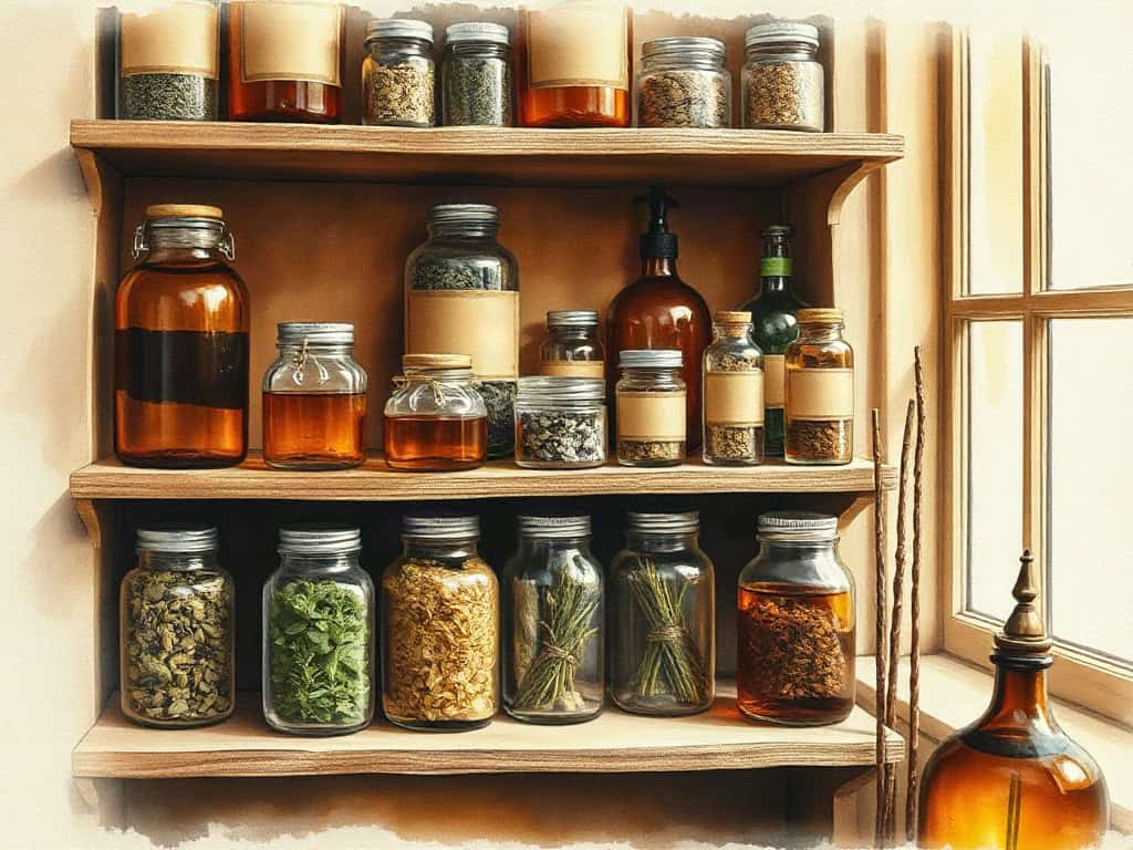 A warm apothecary shelf lined with amber glass jars of dried herbs, softly lit, warm amber side window light.