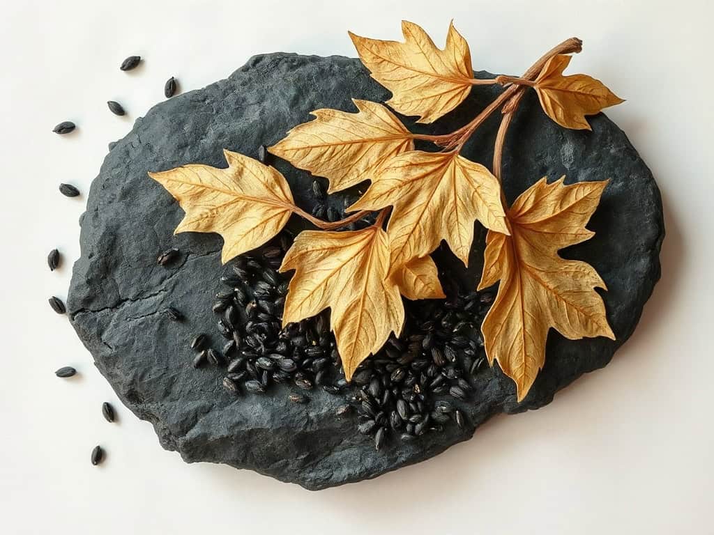 Dried mulberry leaves and black sesame seeds on dark stone, gentle overcast daylight.