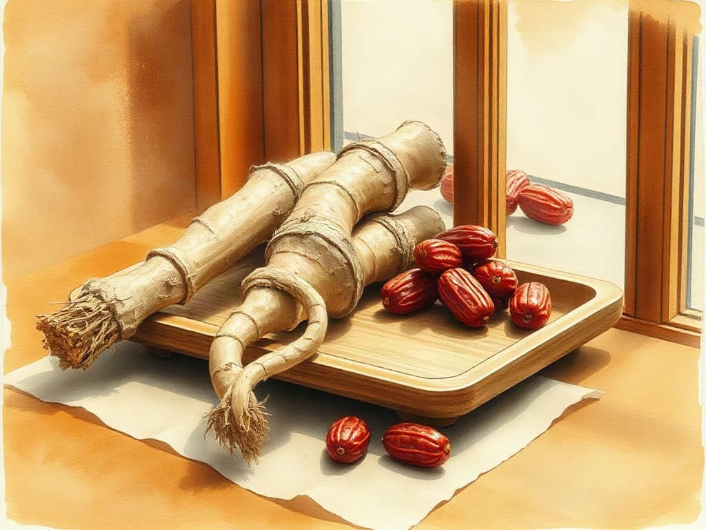 Dong quai root and red dates in a shallow wooden tray, warm amber side window light.