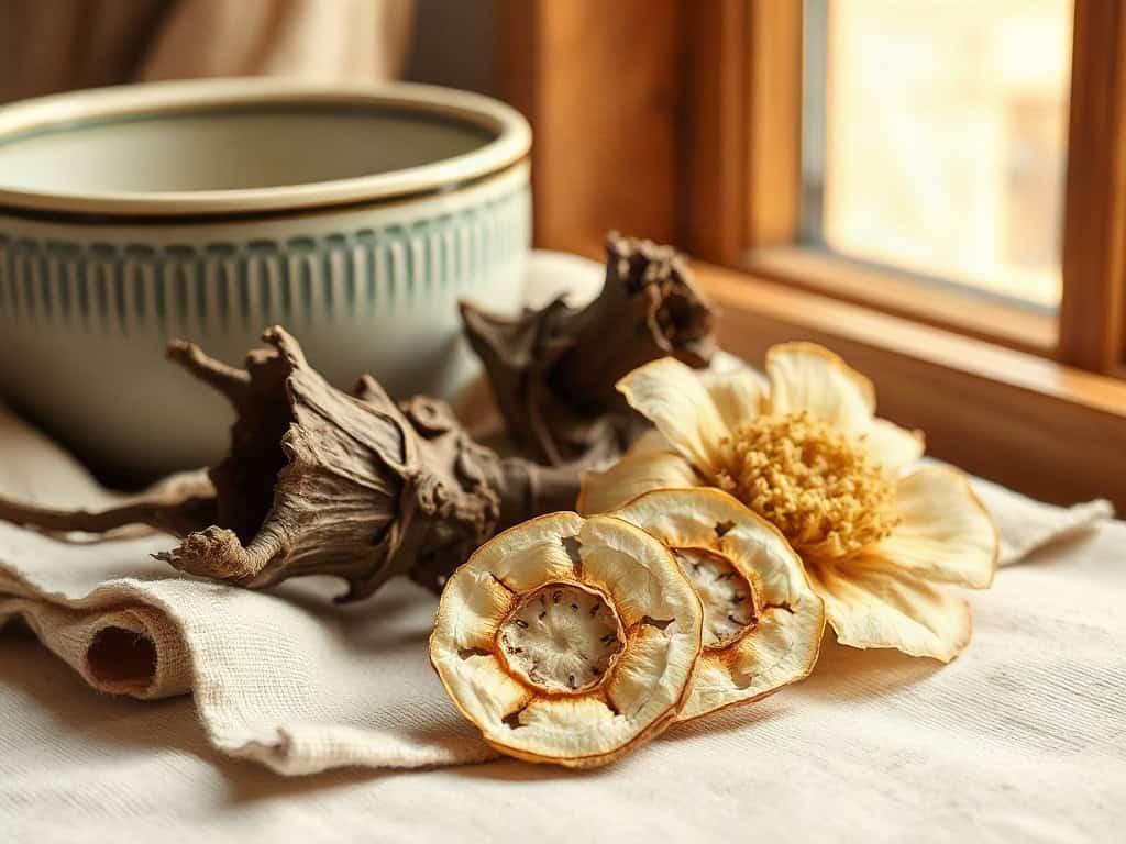 Dried peony root and angelica slices arranged on linen beside a ceramic bowl, warm amber side window light.