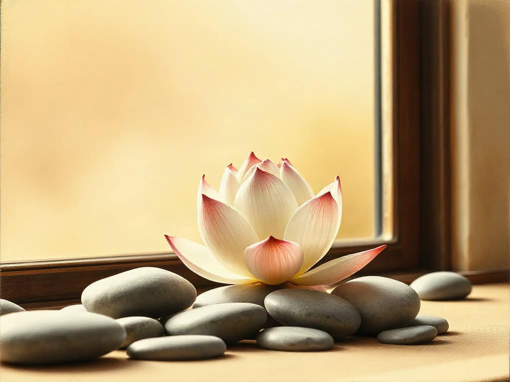 A single unopened lotus bud resting on smooth river stones, warm amber side window light.